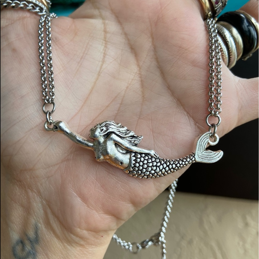 Stainless steel Double chain mermaid charm choker necklace - Picture 8 of 10
